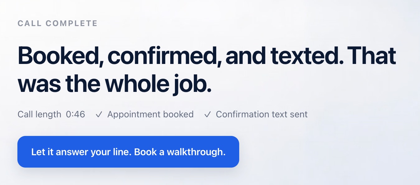 Live View after a call ends: booked, confirmed, and texted, with the call length, appointment booked, and confirmation text sent
