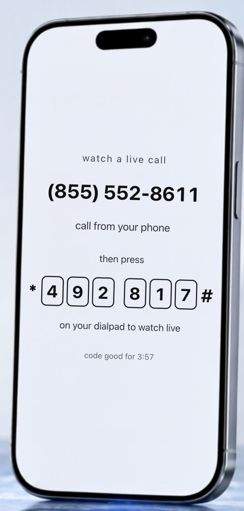 The on-screen phone in Live View showing the demo number and a 6-digit dialpad code to bind your call to the page