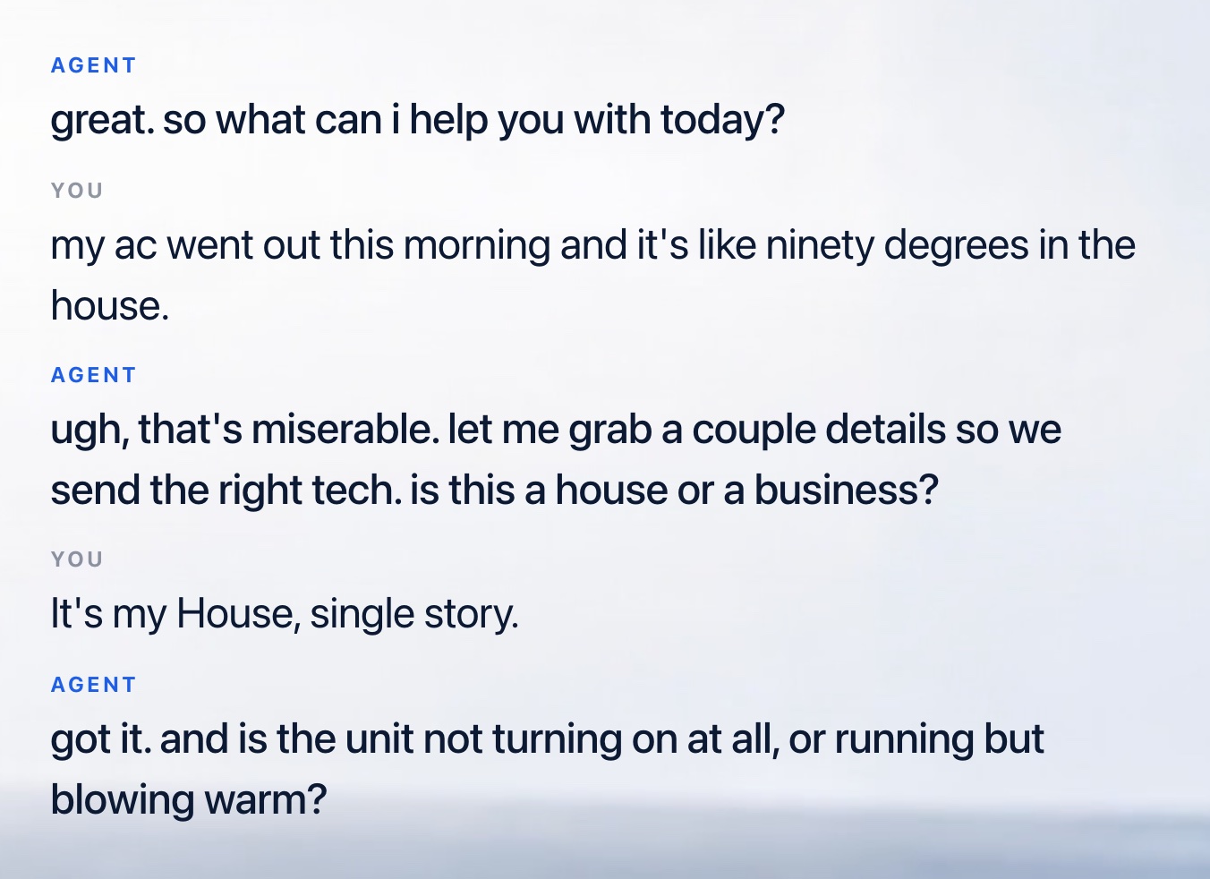 Live View stage showing the agent asking a caller qualifying questions about their air conditioning problem